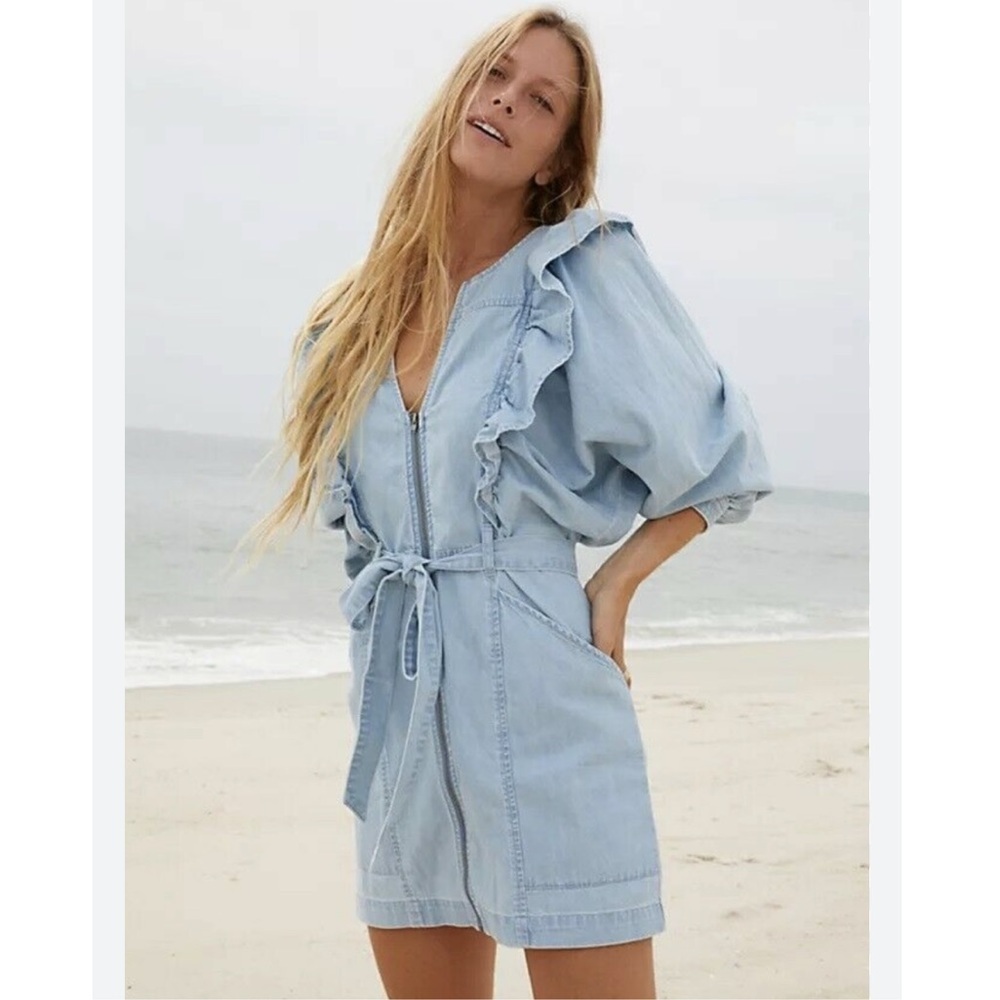 Free People Imogene Mini Dress Small Chambray Indie Coastal Western Ruffle Zippe